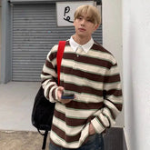 Hearujoy American Patchwork Contrasting Polo Shirt Men's Loose Spring Autumn Korean Casual Versatile Retro Striped Long Sleeved T-shirt